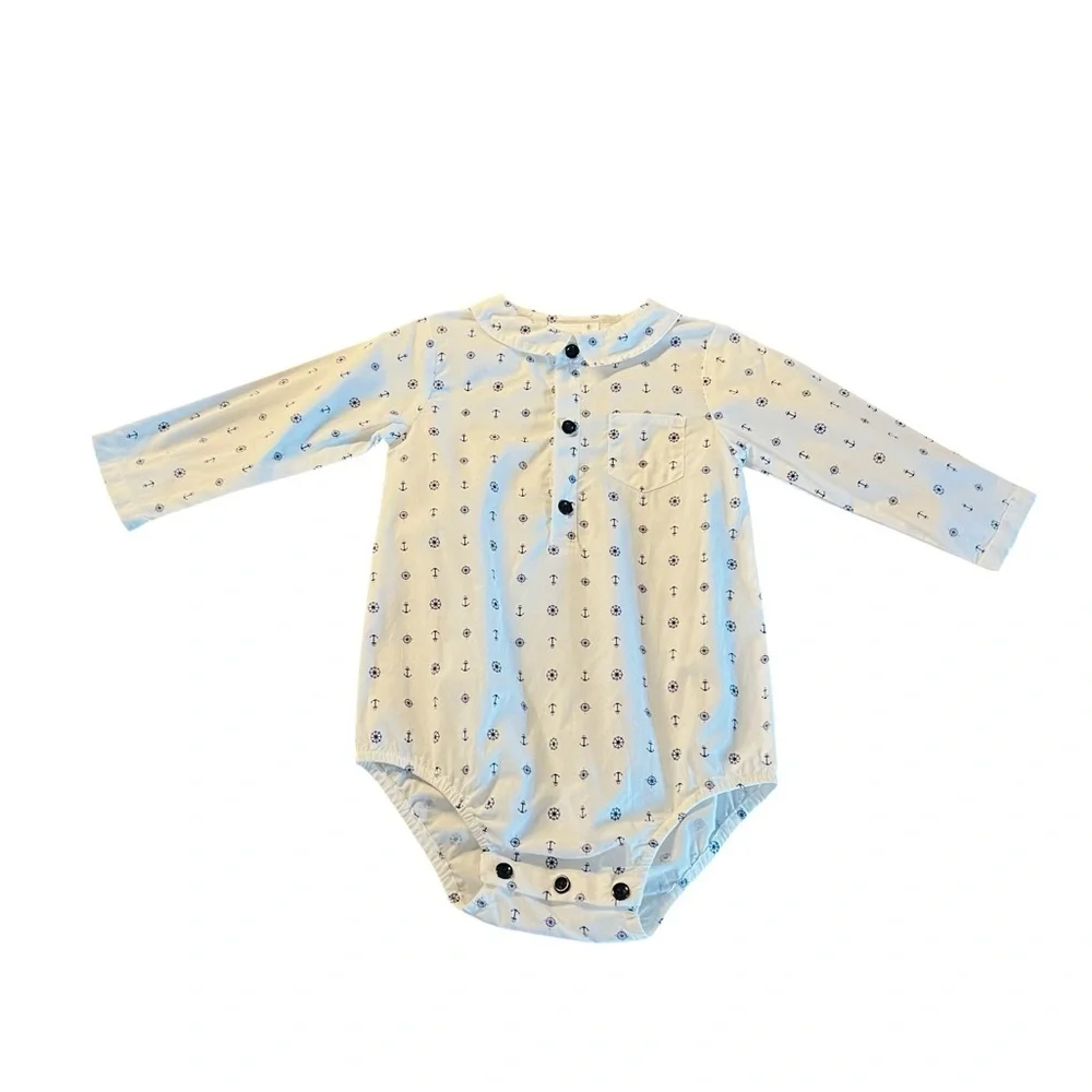Rachel Riley White Long-Sleeve Nautical Anchor Print One-Piece